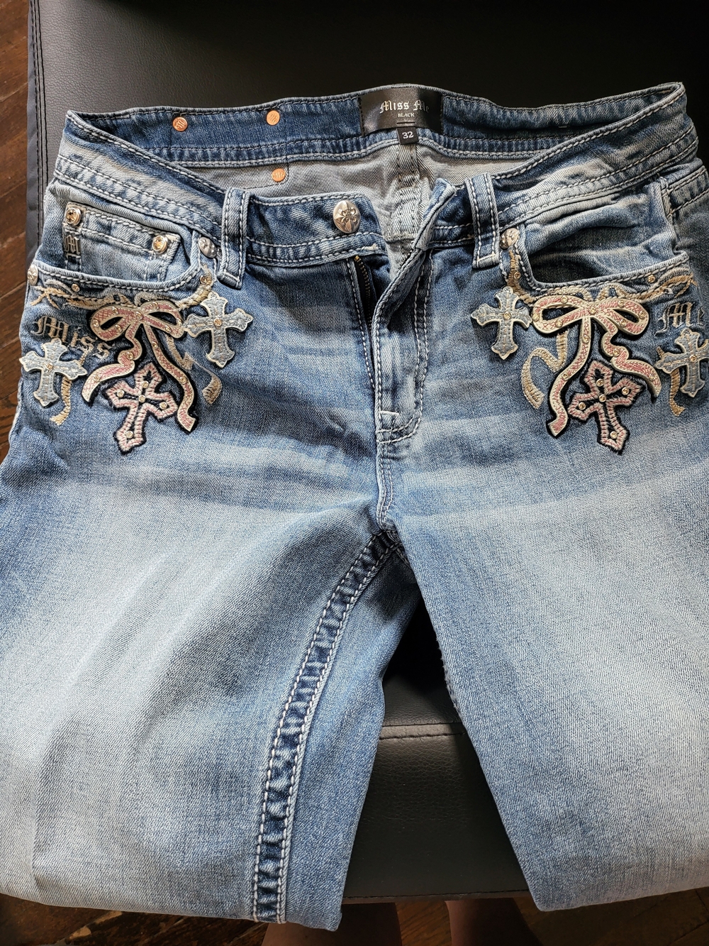 Miss Me Light Blue Denim Flare Jeans with Embroidered Cross & Bow Details